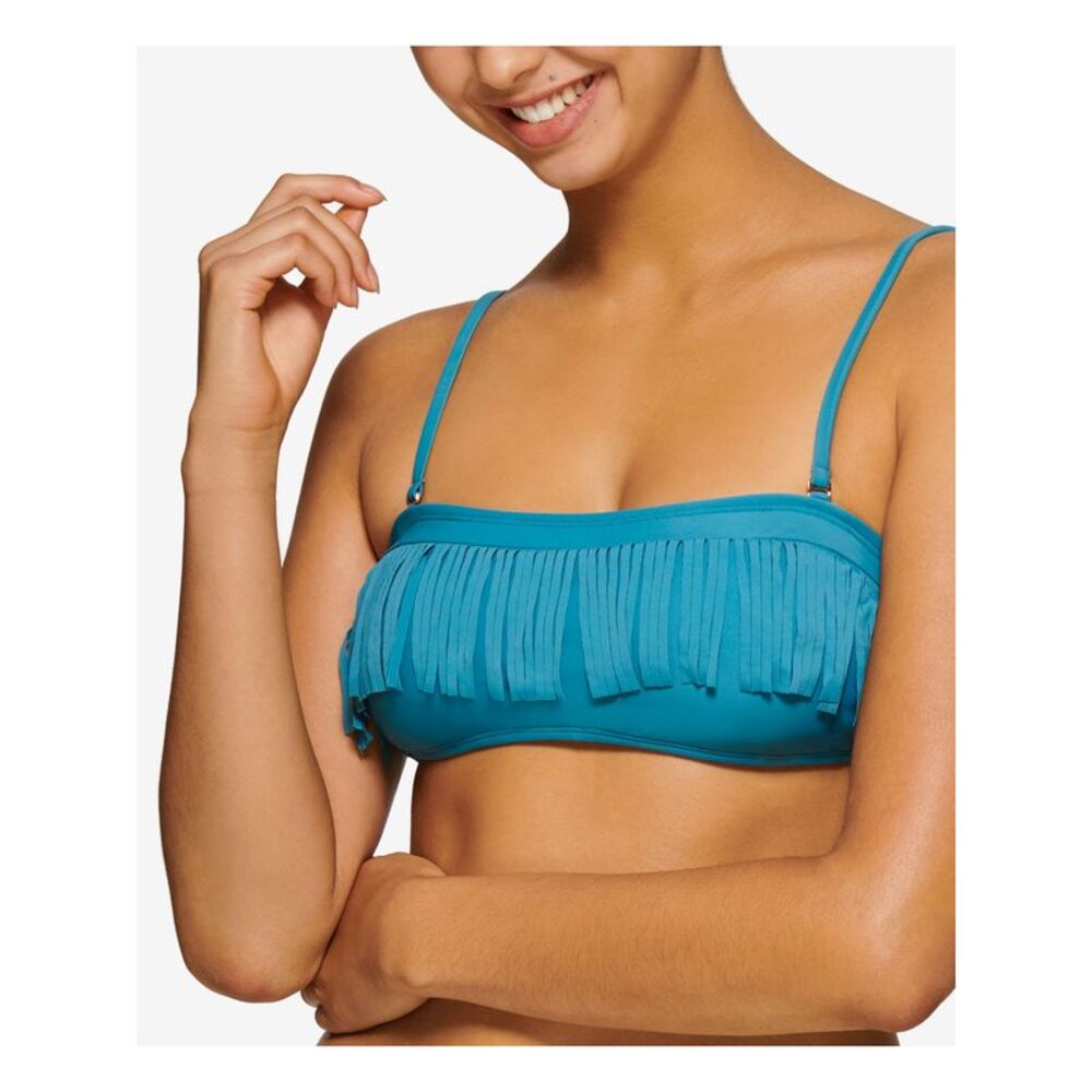HULA HONEY Women's Teal Stretch Fringe Removable Cups Tie Bandeau Swimsuit Top M